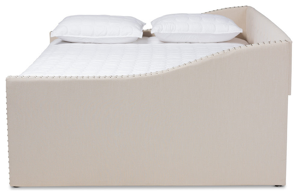 Norys Fabric Upholstered Size Daybed, Beige, Full, Roll-Out Trundle