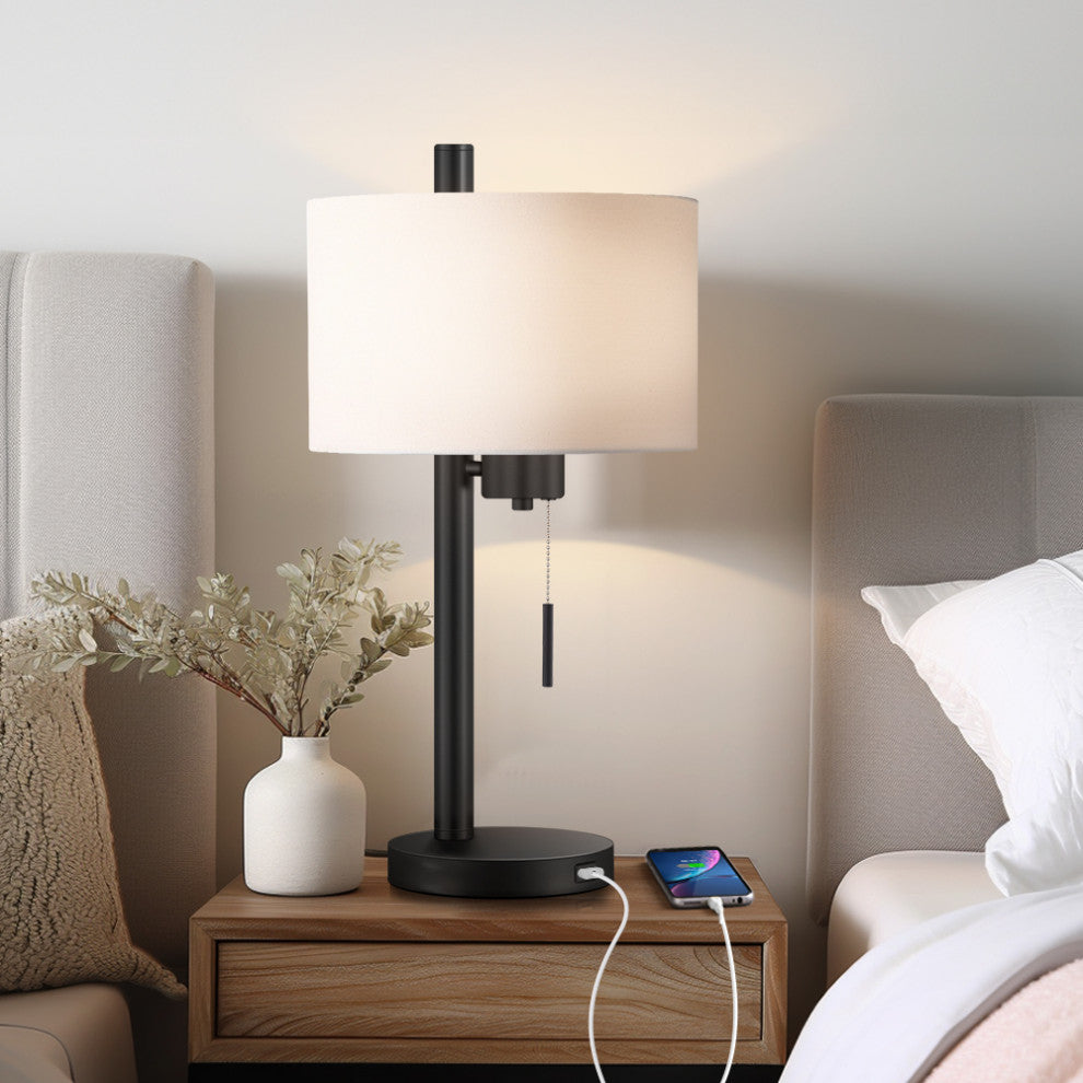 23-in Black Modern Table Lamp With USB Port and White Linen Shade