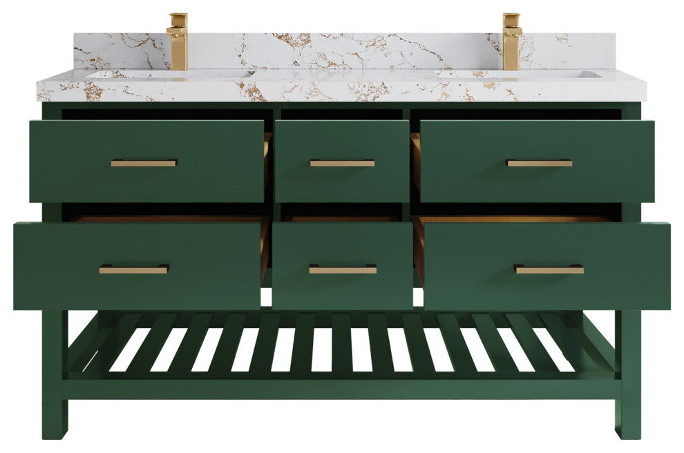 Parker 60" Double Sink Bath Vanity, Lafayette Green 2" Viola Gold