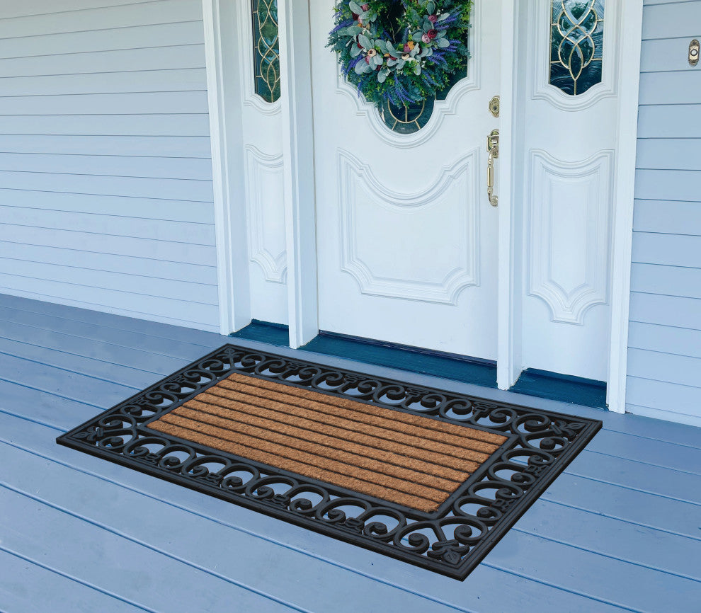 A1HC Rubber Coir Striped Black Finished Outdoor Doormat 24"x36"