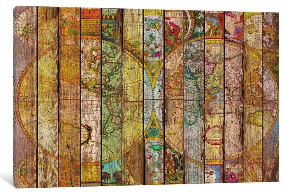 "Around the World in Thirteen Maps" by Diego Tirigall, 40x26x1.5"