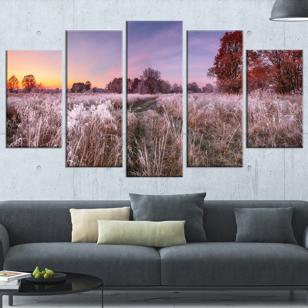"Frosty Fall Trees With Red Leaves" Landscape Wall Art, 5 Panels, 60"x32"