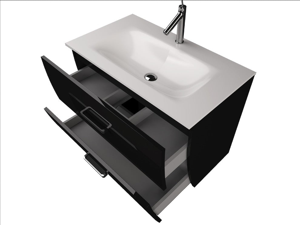 Wave Bathroom Vanity Gloss and Matte Sink Console, Black, 24", Without Mirror