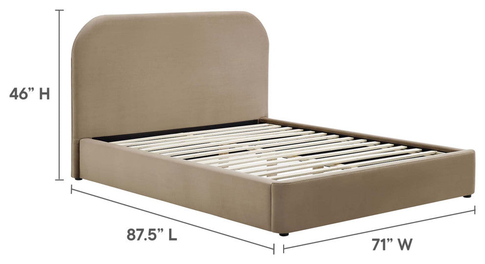 Keynote Performance Velvet Curved Queen Platform Bed, Taupe