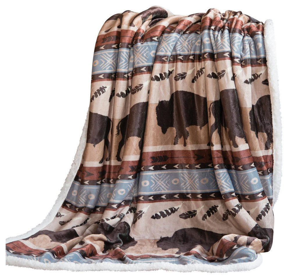 Carstens Wrangler Buffalo Southwestern Sherpa Fleece Throw Blanket, 54"x68"