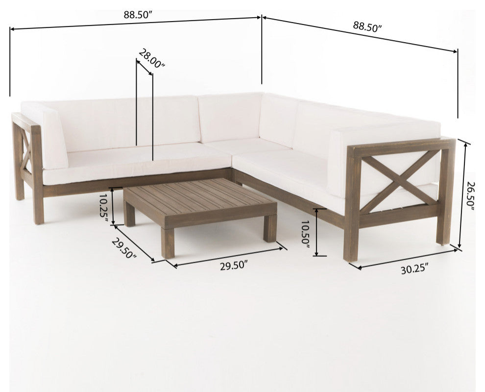 GDF Studio Brava Outdoor 4 Piece V-Shaped Acacia Wood Sectional Sofa Set, White