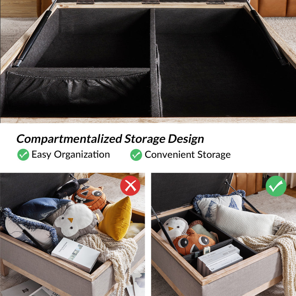 Upholstered Storage Cocktail Ottoman With Solid Wood Legs, Gray