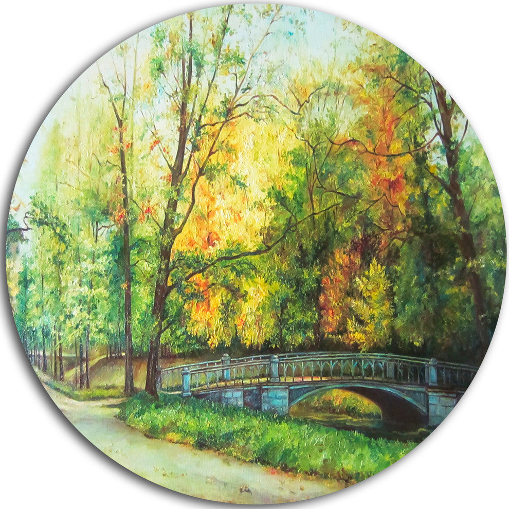 Bridge In Colorful Forest, Landscape Painting Disc Metal Artwork, 38"