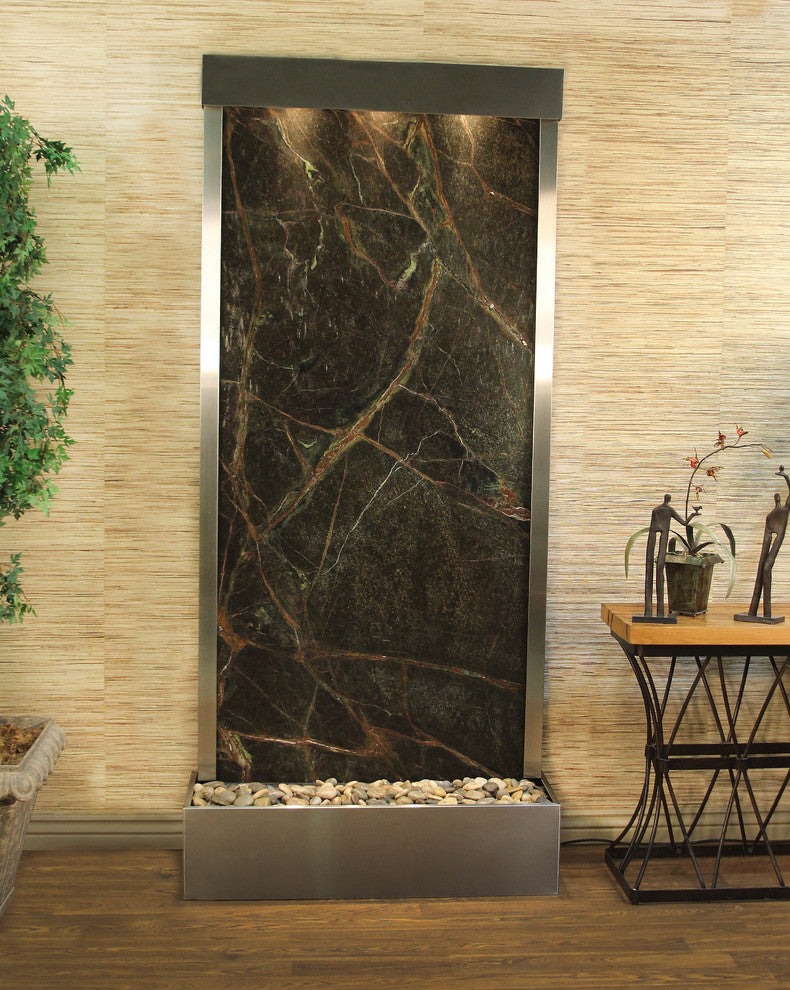 Tranquil River Flush Mount Water Fountain, Green Marble, Stainless Steel