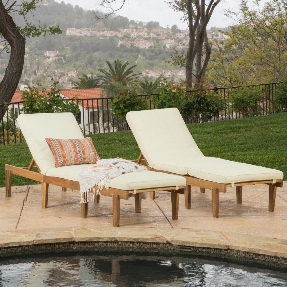 Paolo Outdoor Teak Wood Chaise Lounge With Cushion, Set of 2