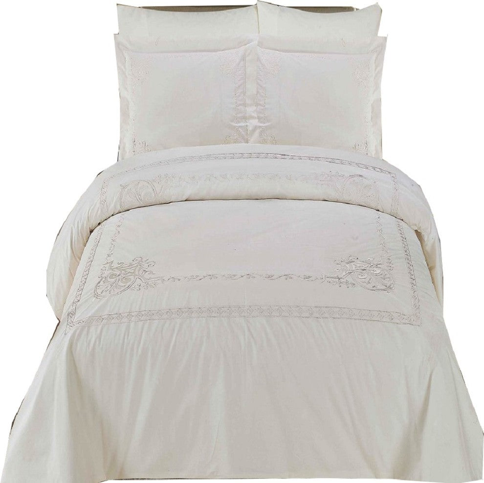 Athena Embroidered 100% Cotton Duvet Cover Set, White and White, Full/Queen