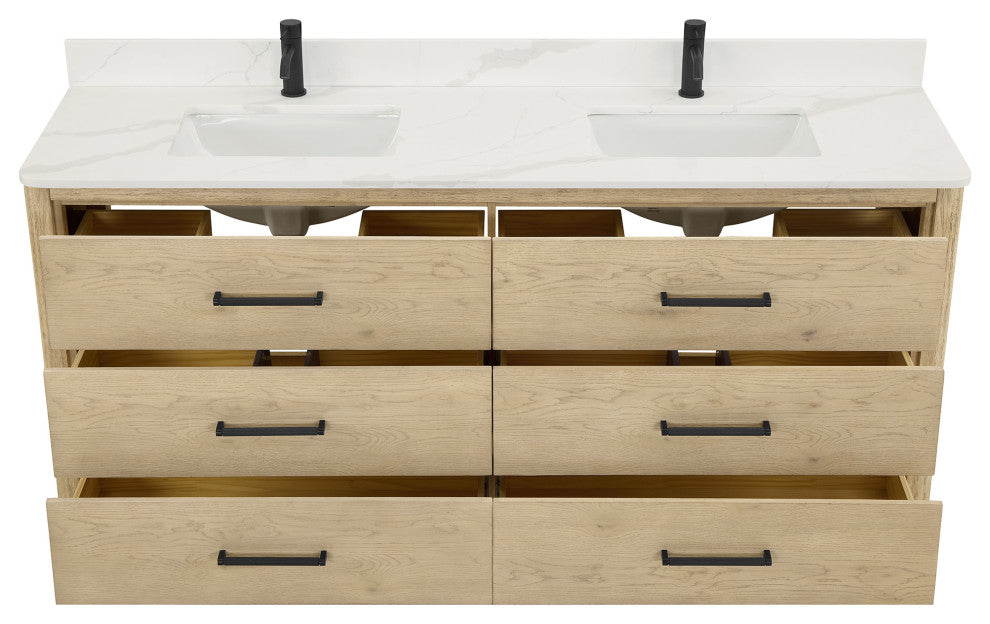 Porto Bath Vanity with White Quartz Stone Top, Natural Oak, 72 in., No Mirror