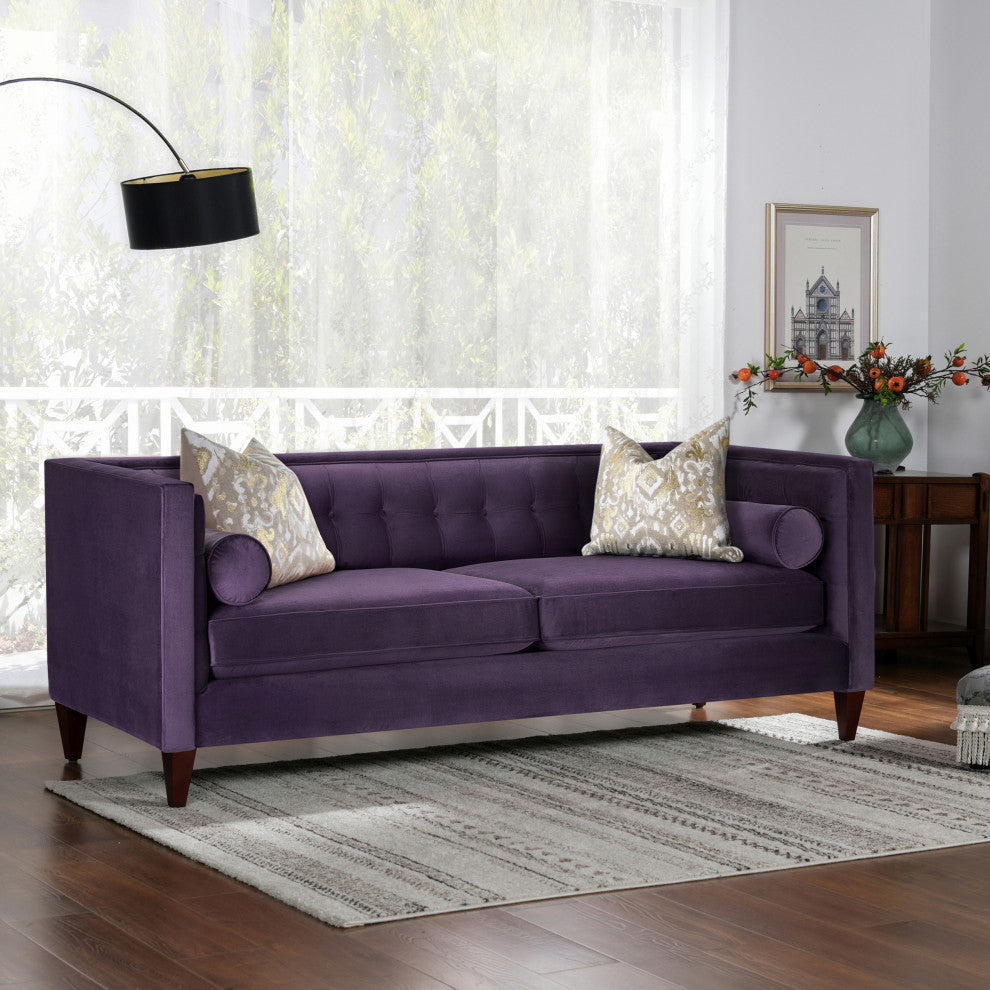 Jack 84" Modern Tuxedo Sofa With Bolster Pillows, Purple Velvet