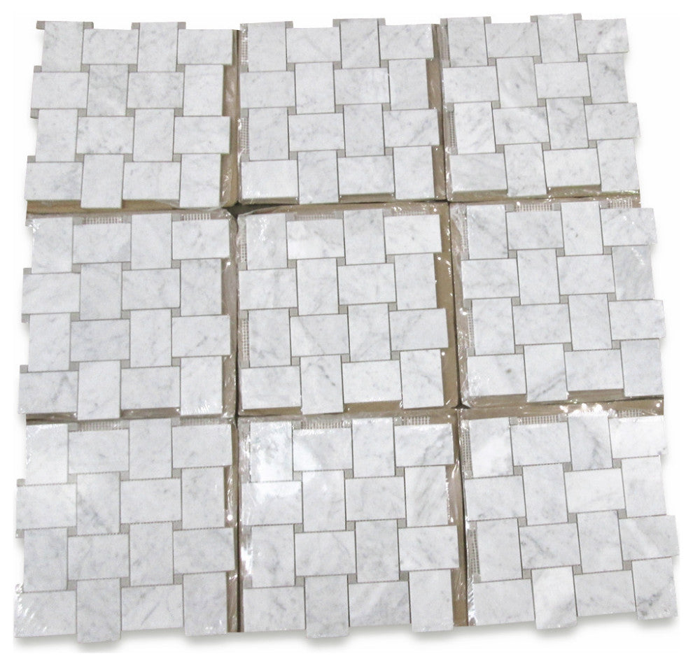 Wide Basketweave Mosaic White Carrara Marble Tile Gray Dots Polished, 1 sheet