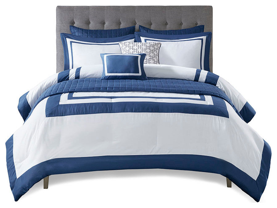 Madison Park Heritage 8 Piece Comforter and Quilt Set Collection, Navy