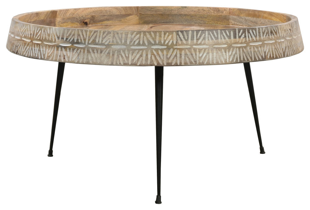 29" Coffee Table Round Handcrafted Mango Wood Carved Edge Black Iron Legs