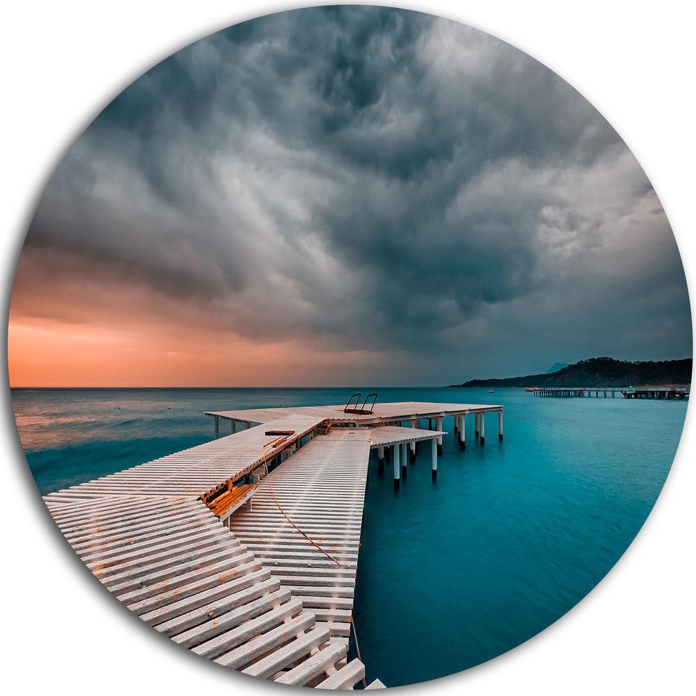 Pier In Ocean In Cloudy Day, Seashore Photo Disc Metal Wall Art, 36"