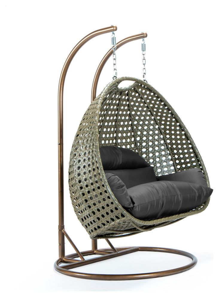 2 Person Beige Wicker Double Hanging Egg Swing Chair, Dark Gray