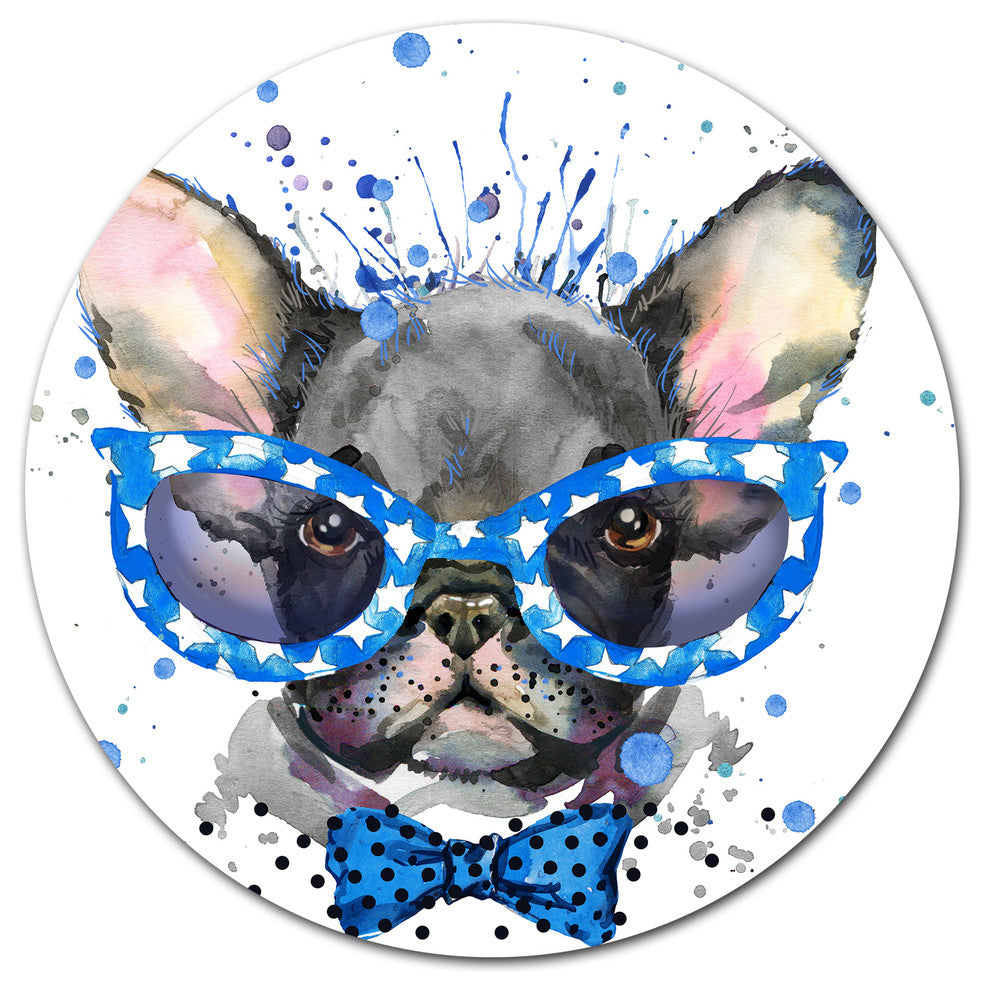 Cute French Bulldog With Glasses, Animal Round Metal Wall Art, 11"