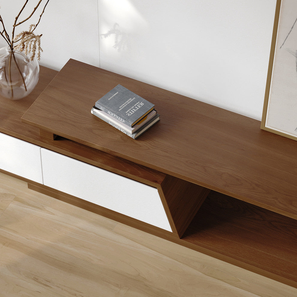 Fero Minimalist Walnut Rectangle Extendable TV Stand With 3 Drawers Up to 120", White/Walnut