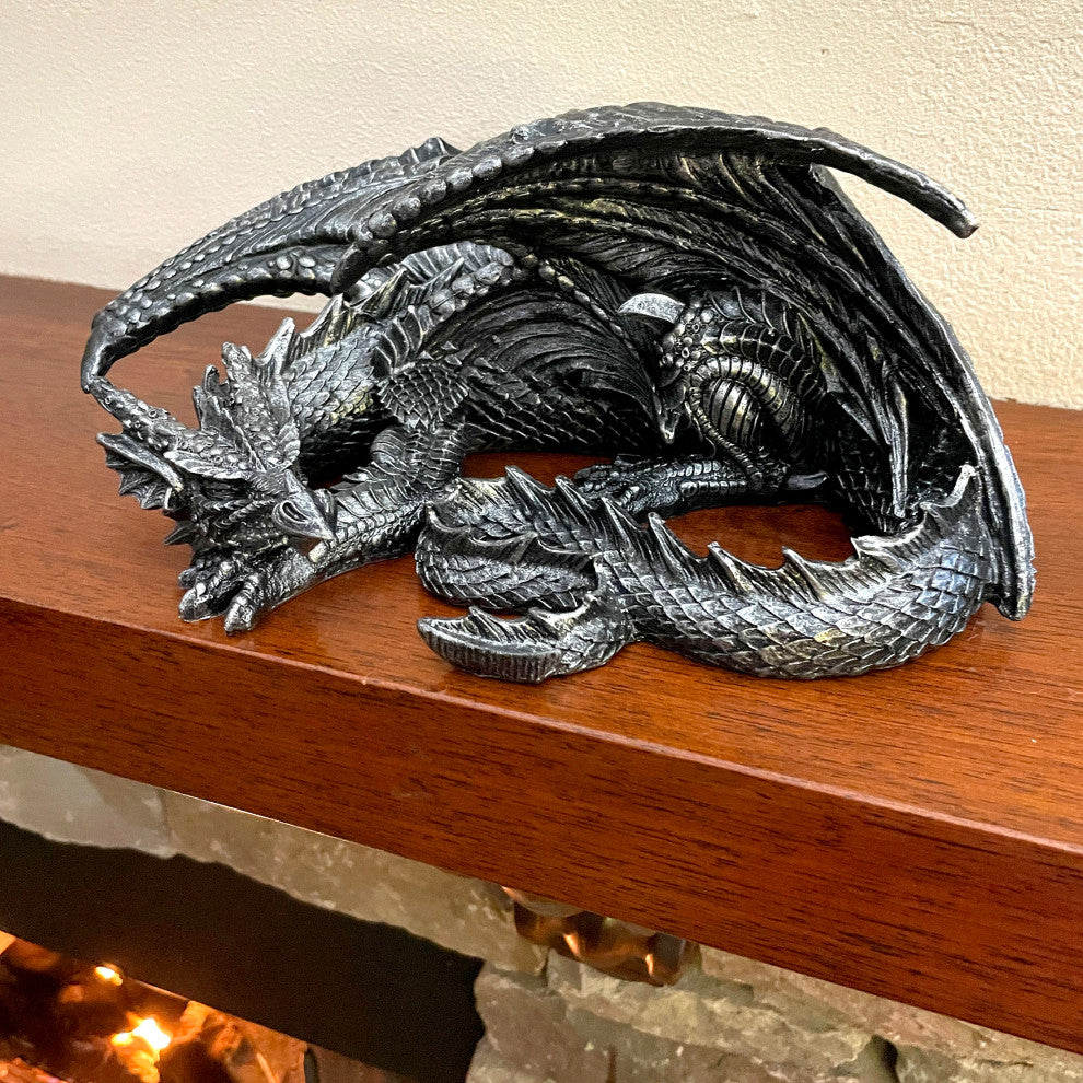 Somasaurus Metallic Black Gothic Sleeping Dragon Statue 12 in.