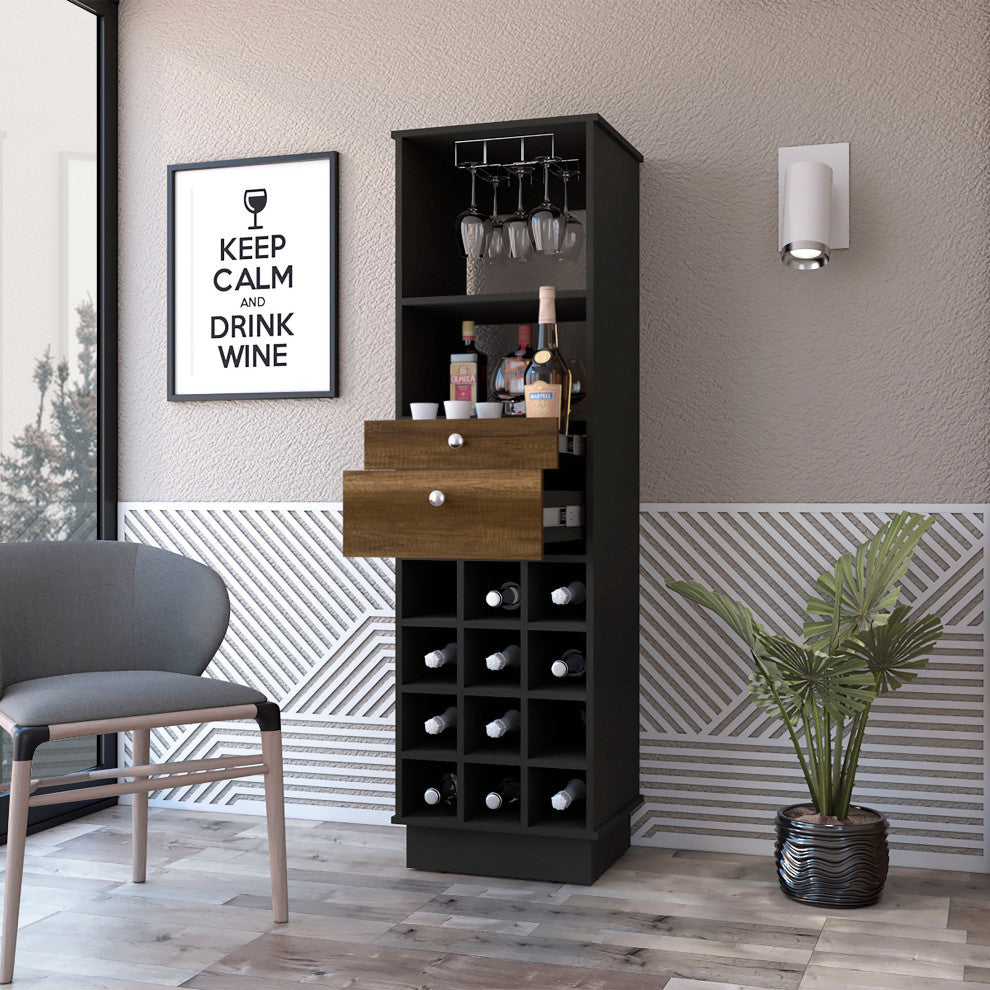 Hype Bar Cabinet with 12 Wine Cubbies, 2 Drawers, and Glass Rack, Black/ Walnut