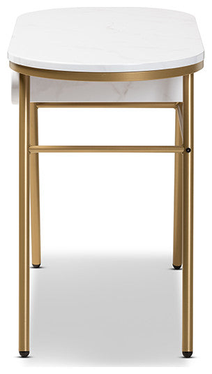 Modern Contemporary Gold Finished Metal Console Table With Faux Marble Tabletop