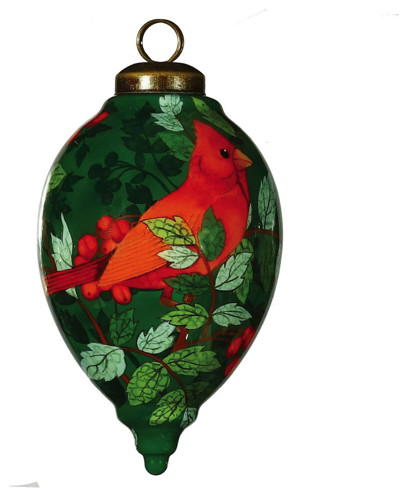 Red Cardinal on the Holly Hand Painted Mouth Blown Glass Ornament