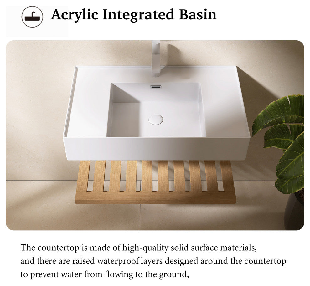 Wall-Mounted Bathroom Vanity With White Rectangular Acrylic Integrated Basin, 30"