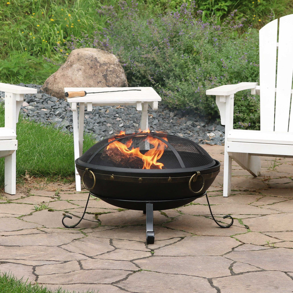 Sunnydaze 25" Fire Pit Steel Victorian Design With Handles and Spark Screen