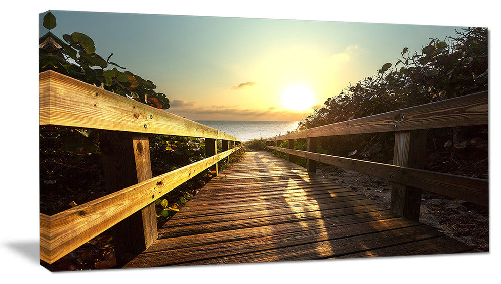 "Wood Boardwalk Into The Sunset Sea" Sea Bridge Canvas Art Print, 40"x20"