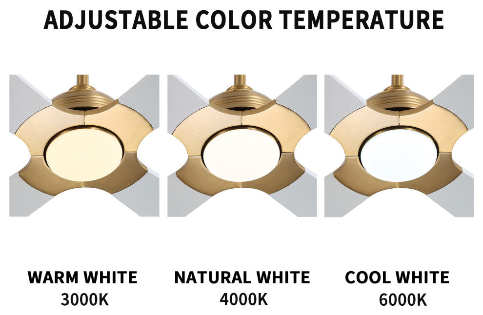 56" 4-Blade Solid Wood Ceiling Fan With LED Light and Remote Control, Gold/White