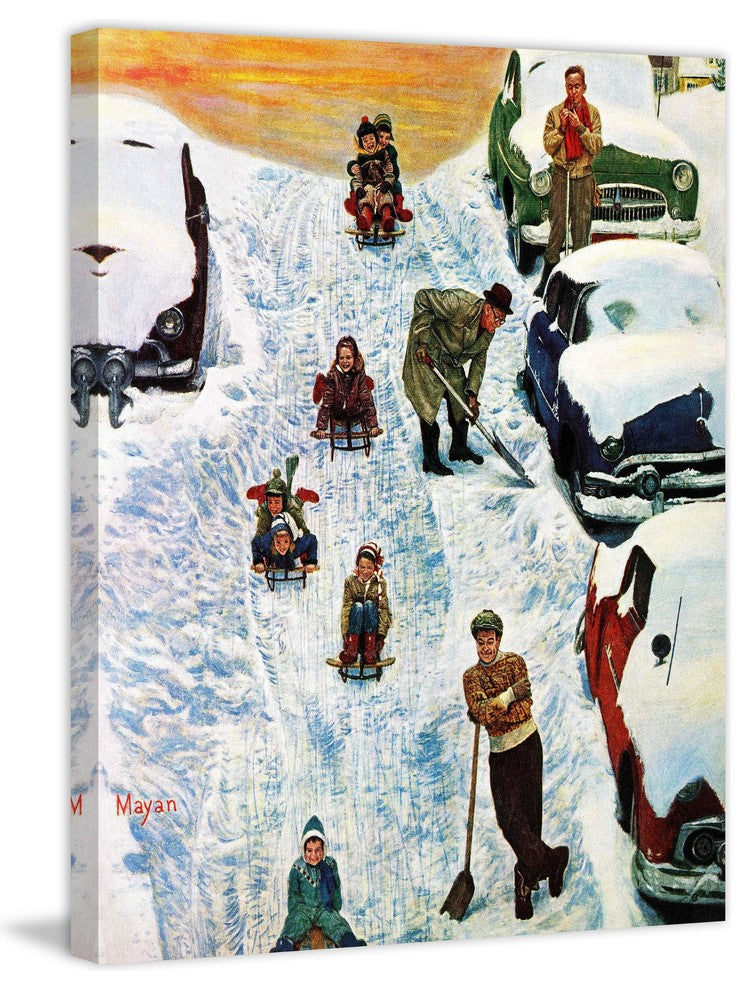 "Sledding and Digging Out" Painting Print on Canvas by Earl Mayan