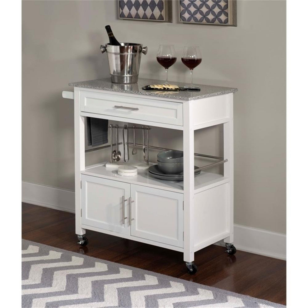 Pemberly Row Transitional Wood Kitchen Cart with Granite Top in White