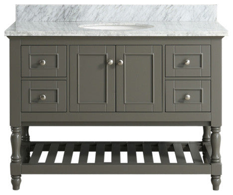 Silvia Bathroom Sink Vanity Set, White Marble Top, Base: Distressed Gray, 48"