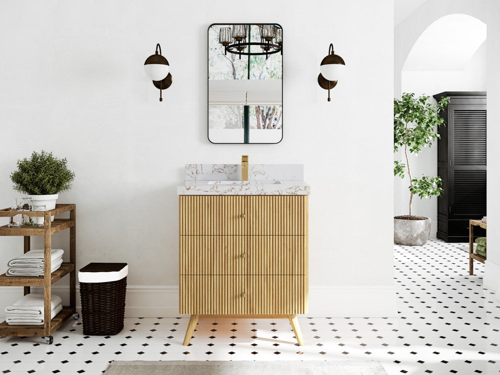 Pasadena 30 Single Sink Bath Vanity in Light Natural Teak 2" Viola Gold