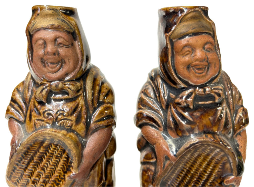 Pair Ceramic Handmade Brown Cheerful Basket Holding Jovial Figure Vases