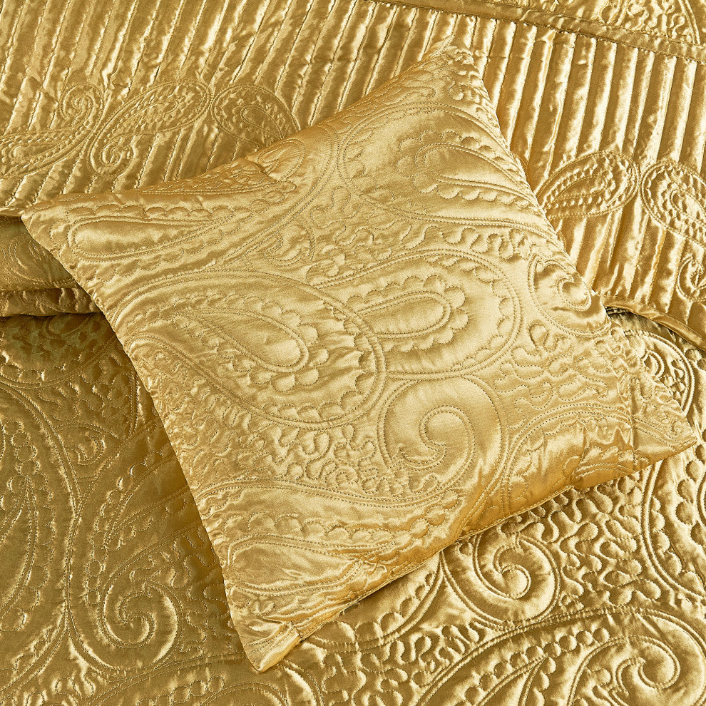 Quilted Satin 4 Piece Bed Spread Set, Gold, Queen