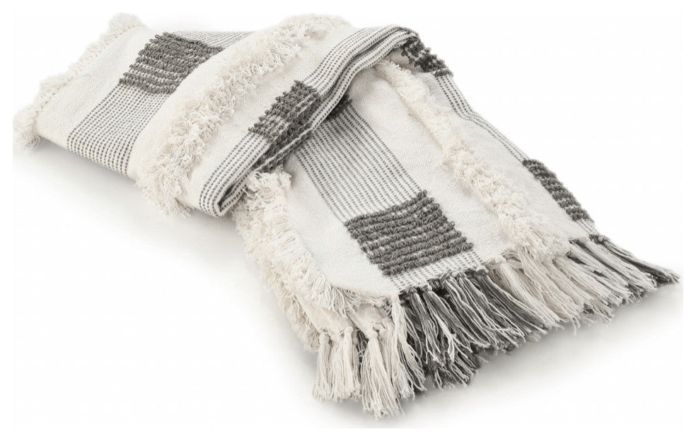 Gray and White Woven Cotton Checkered Throw Blanket