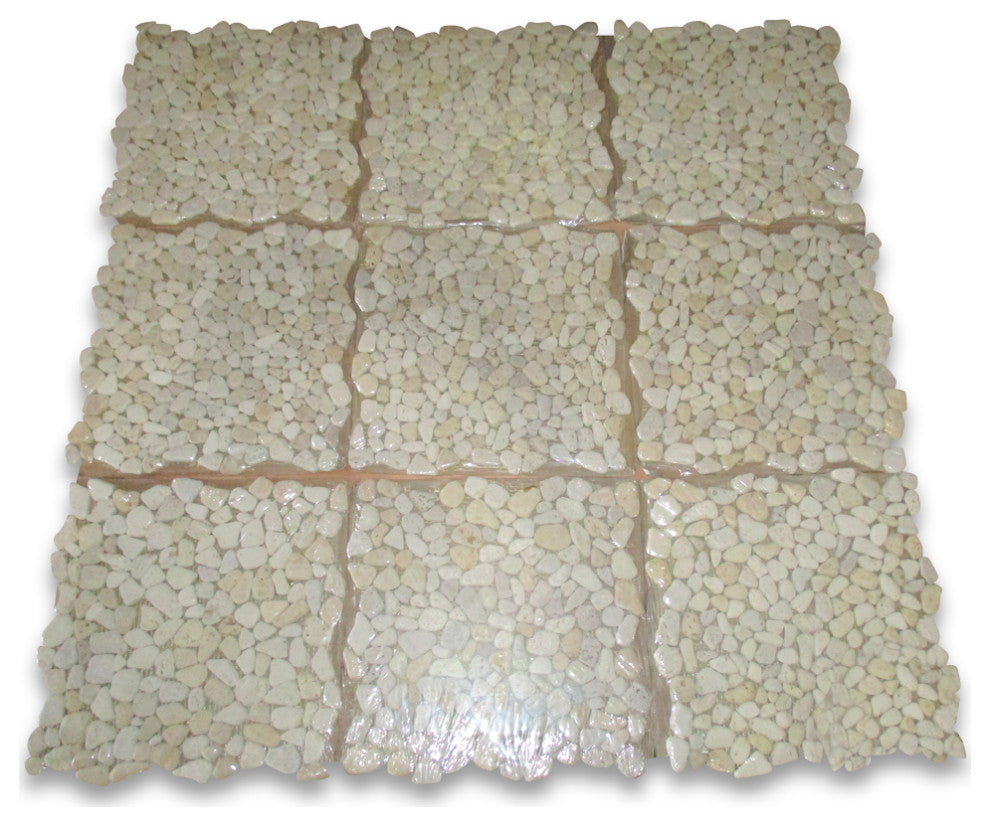 Non Slip Shower Floor Tile Tumbled Pebble Stone Travertine Giallo, 1 sheet