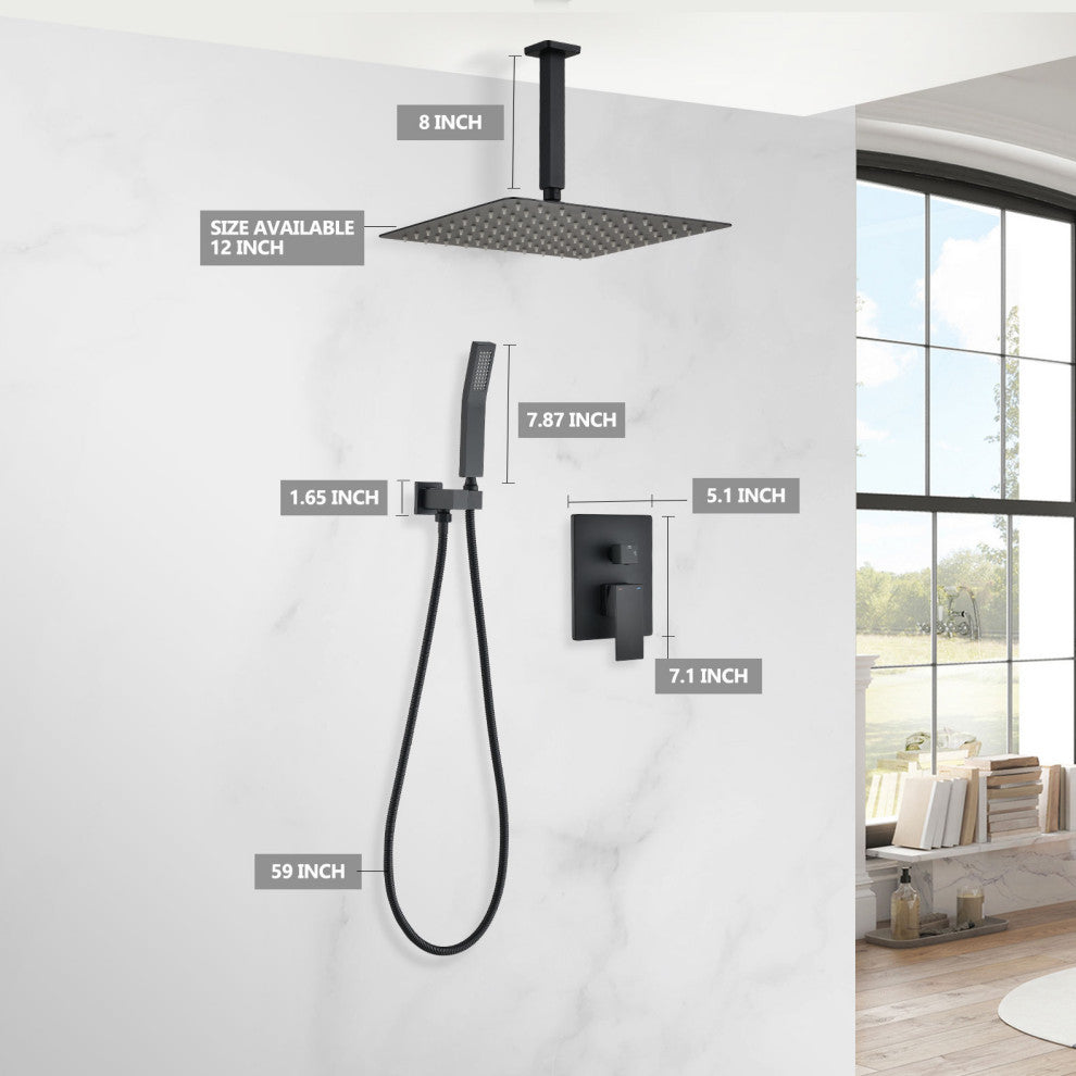 12" Square Rainfall Shower head and Handheld Shower Head Set, Matte Black