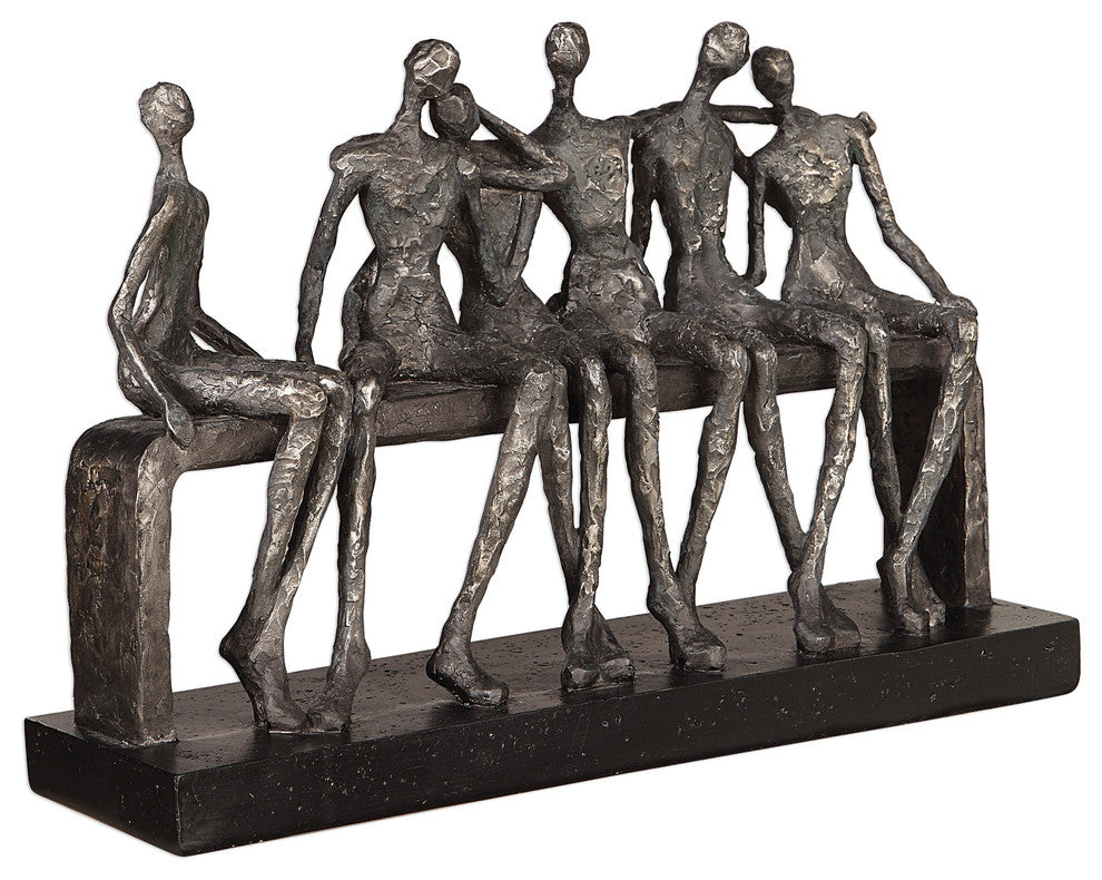 Modern Figural Friendship Sculpture Figurine | Silver Black Man Woman Friends