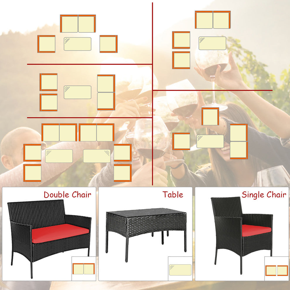 Costway 4PCS Patio Rattan Furniture Set Cushioned Sofa Coffee Table Red