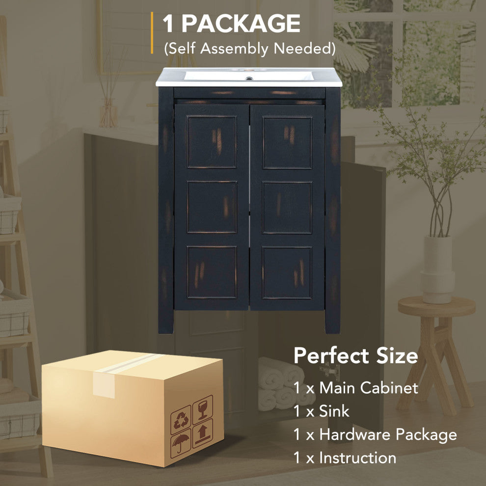 24 Inch Vintage Style Small Bathroom Vanity Combo with Ceramic Sink