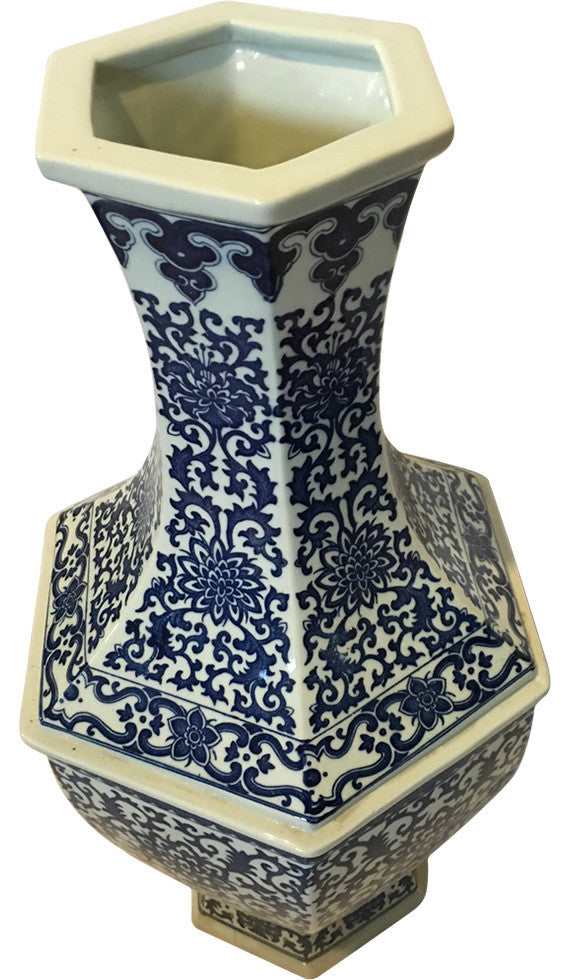Large Blue and White Hexagonal Porcelain Vase Chinese Floral Pattern