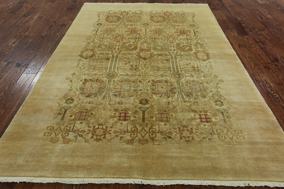 Oushak Style Ivory Hand-Knotted Chobi Peshawar Oriental Wool Rug, 6'x9'
