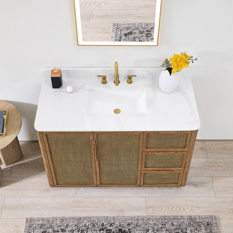 Busan Bath Vanity, Quartz Top No Mirror, Oak Classic Brown, 48", Single Vanity