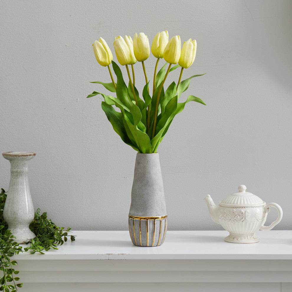 22" Dutch Tulip Artificial Arrangement, Stoneware Vase With Gold Trimming