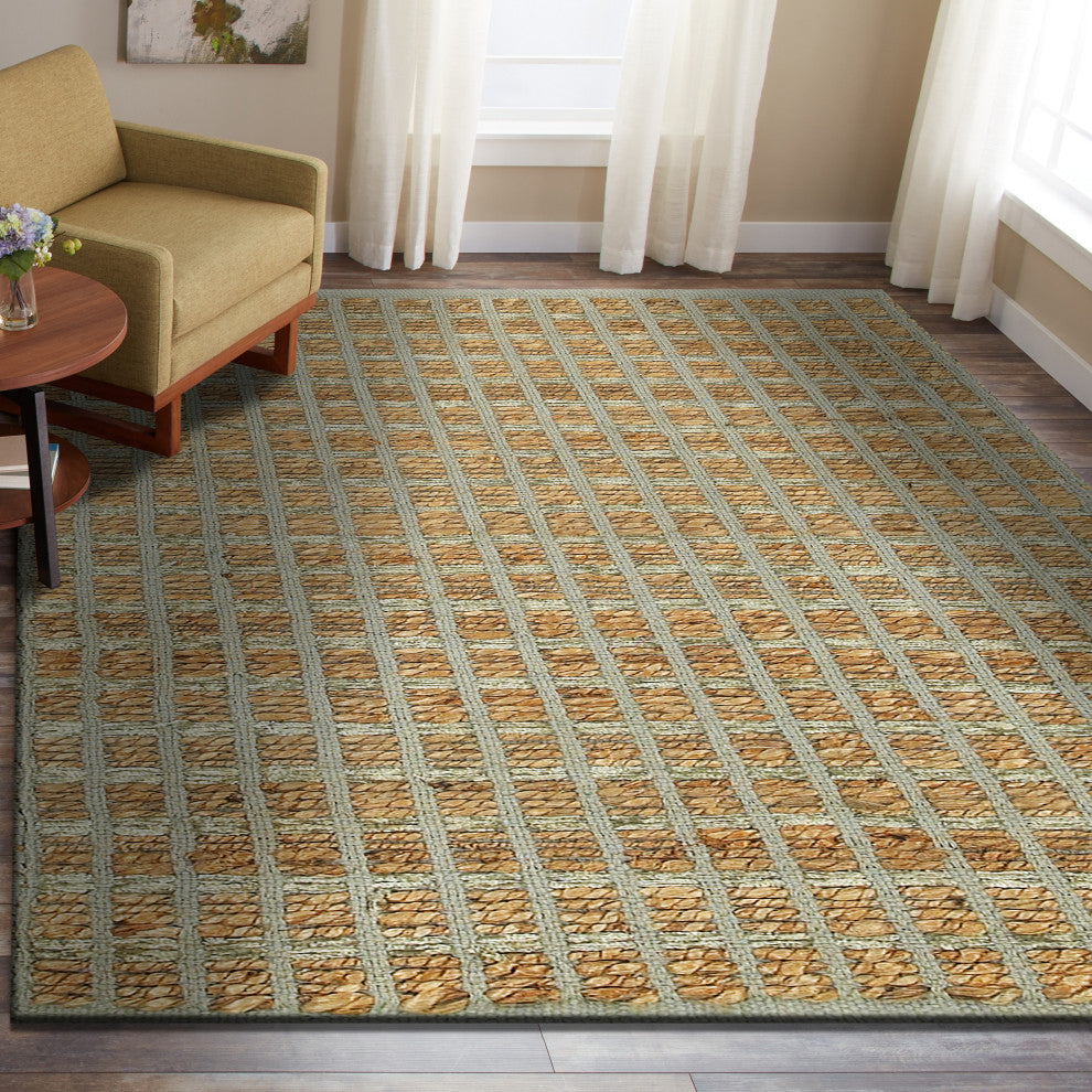 Gray Modern Grid Organic Jute Area Rug, 7'x9'