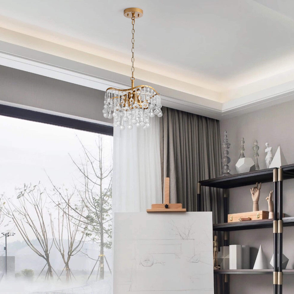 Angela Brushed Brass 4-light Glam Crystal Teardrop Tiered Chandelier